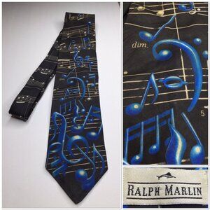 Vintage 90s Ralph Marlin Musical Notes Black Blue Necktie Music Teacher Tie